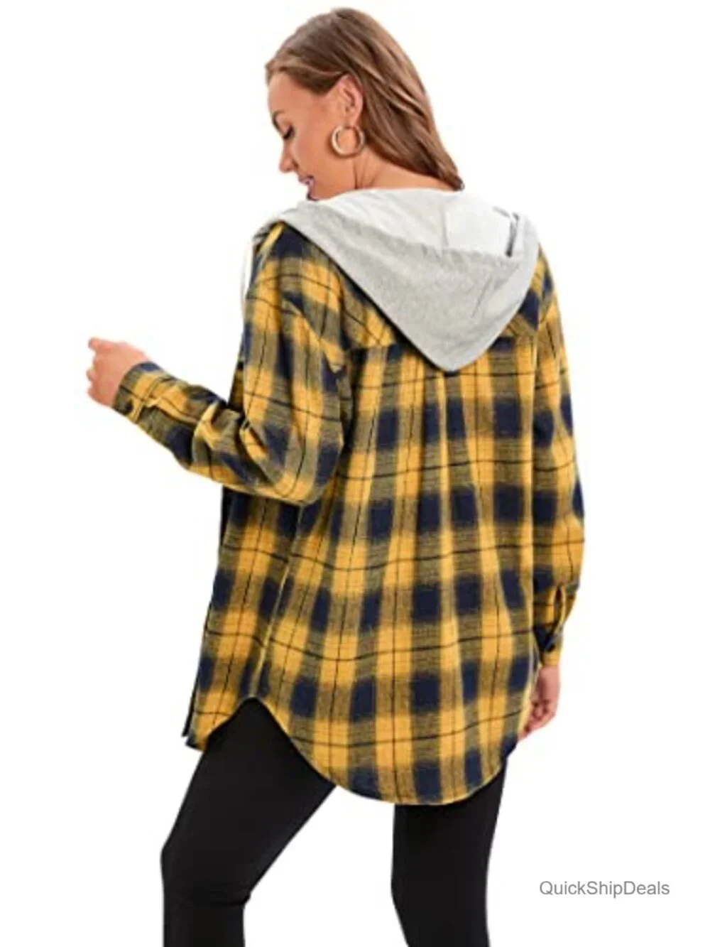 Women's Plaid Flannel Hoodie Shirt Jacket Button Down Long Sleeve Oversized